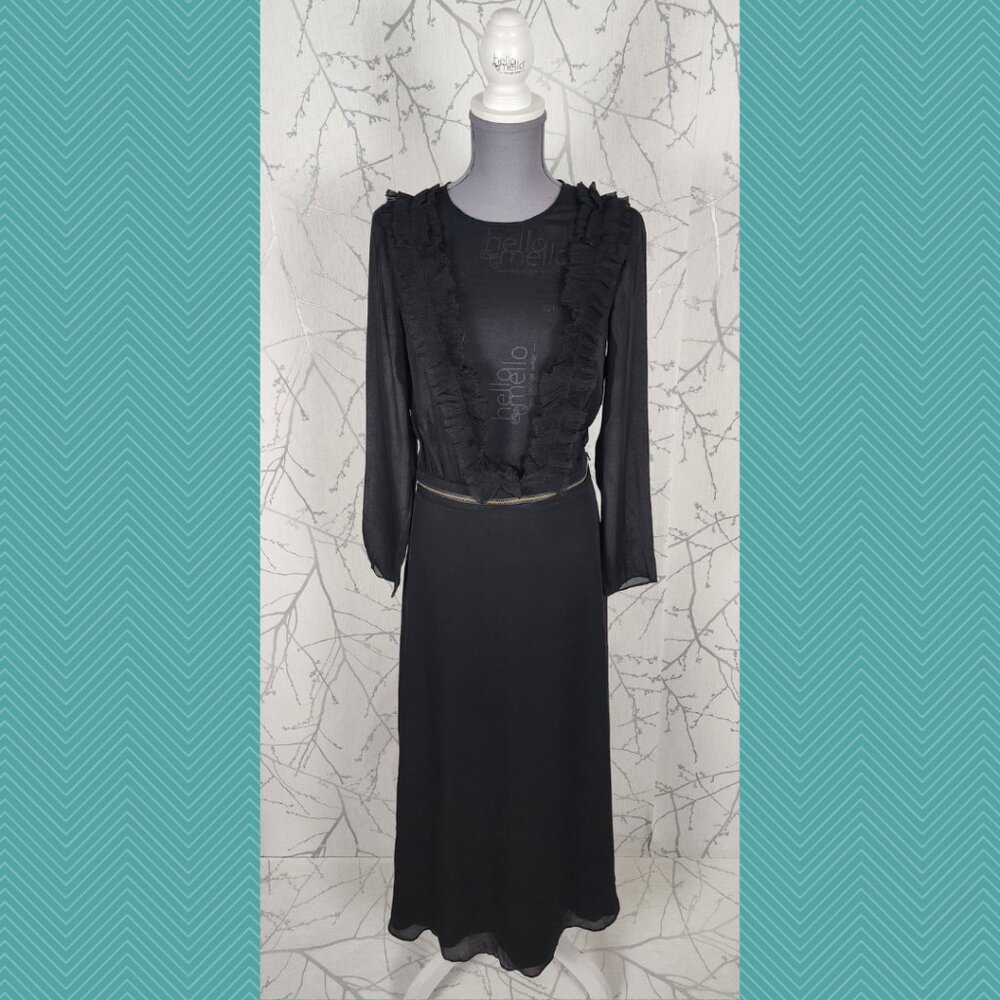 Miss Sixty Black 100% Silk Chiffon Ruffle Sheer Zipper Off Maxi Dress